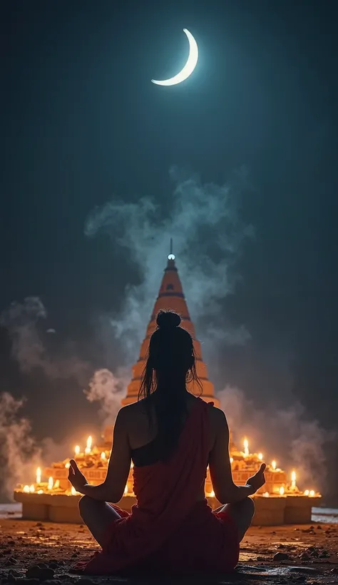 "A deeply spiritual scene of a devotee sitting in meditation throughout the night, chanting 'Om Namah Shivaya' with unwavering devotion. The devotee, dressed in traditional attire, has a calm and focused expression, eyes closed in deep prayer. A soft divin...