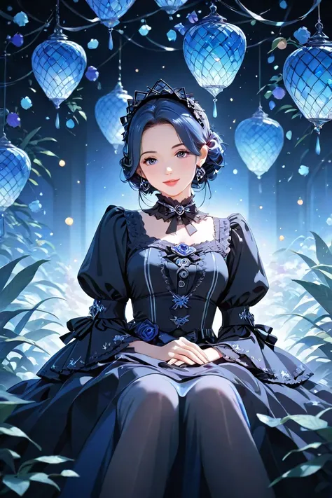 A woman with the image of an aloe grape　 illustrations　Hair color is dark blue　Age 25　The overall color is dark blue　gothic lolita clothes　Smile　Surrounded by grapes and aloe