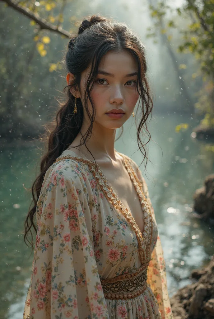 A woman whos 542 years old. The guardian of a river. Shes wearing a long floral dress with long sleeves. Her hair is hip length long and wearing it half up and half down. alabaster skin, skinny hourglass figure, brown eyes, long lashes, natural eye liners,...