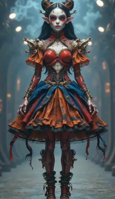 Live dancing mecha model having fun,Angel Face, devil figure,dance dynamic,Live beating mecha skeleton dancing happily in a poss,Happy Dance,Blue Red Tone Fashion Show,Catwalk,body spray art,Stunt,beautifully realistic high-definition digital painting,Scie...