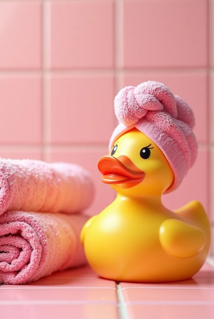 The image shows a bright and playful scene with a rubber duck, placed in a cozy bathroom. The main element of the composition is the yellow duck, which differs in the bright color, tiles and cute, that gives it a lively and friendly look. 

The duck wears ...