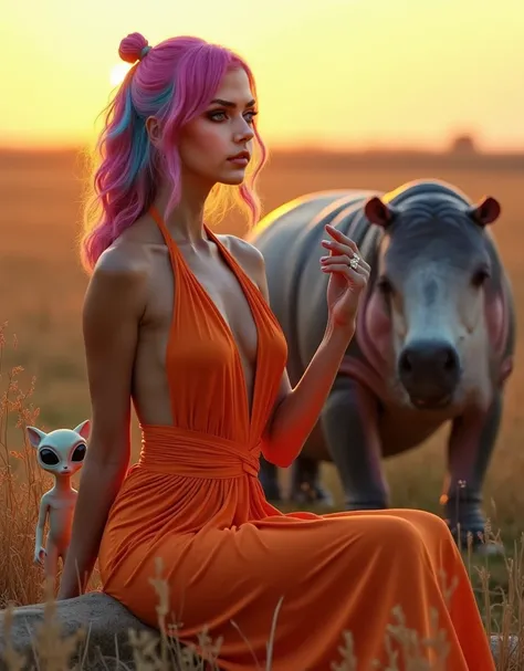 ultra realistic professional full body near facing camera (, woman with vibrant pink and blue hair sits gracefully in the golden savannah at sunset. She's wearing a breathtaking, figure-flattering maxi dress with elegant hollow-out halter wrap design, slee...