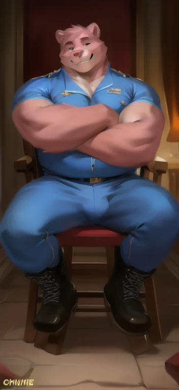  alone, Male tall  , big body,riding a chair  ,Den,pink bear, Military Blue Sportswear ,  Wearing Boots , Overweight ,  muscle,  Smiling Blue Warmer Soldiers   , by chunie 