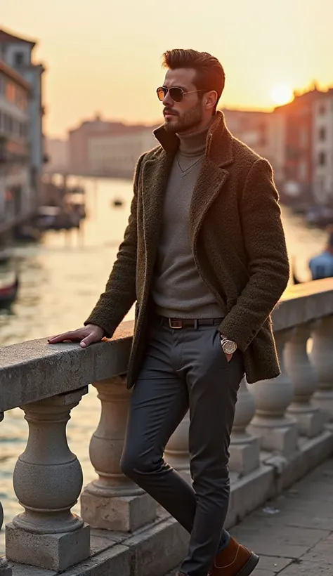 Man Rugged Winter Charm in Venice’s Rialto Bridge

Location: Rialto Bridge, Venice
Outfit Theme: Rustic textures with modern tailoring
Composition:

A textured wool cardigan in deep olive or rust, worn over a fitted neutral turtleneck.

Slim wool trousers ...