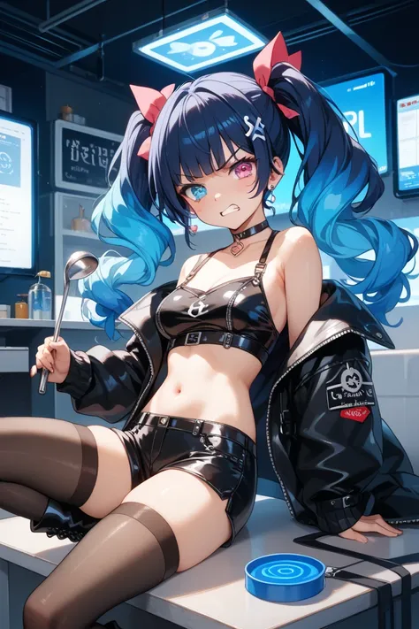  dark blue hair。twintails。Girls around 18 years old。bright blue fluorescent eyes。 Gas mask。the inside is made of shiny black leather。 belly button sticking out 。  wear jacket I have  。 My shoulders are coming out of the ladle。I'm wearing tight shorts made ...