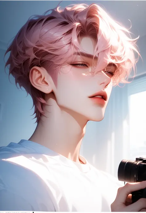 Solo,  1Boys,  short hair ,  face between eyes,  light pink hair,  arrogantly,  great work, Complete , person,  casting, shirt, cool, face, , slightly parted lips, Korean Schoolgirl Dress Wide Angle Photo, 