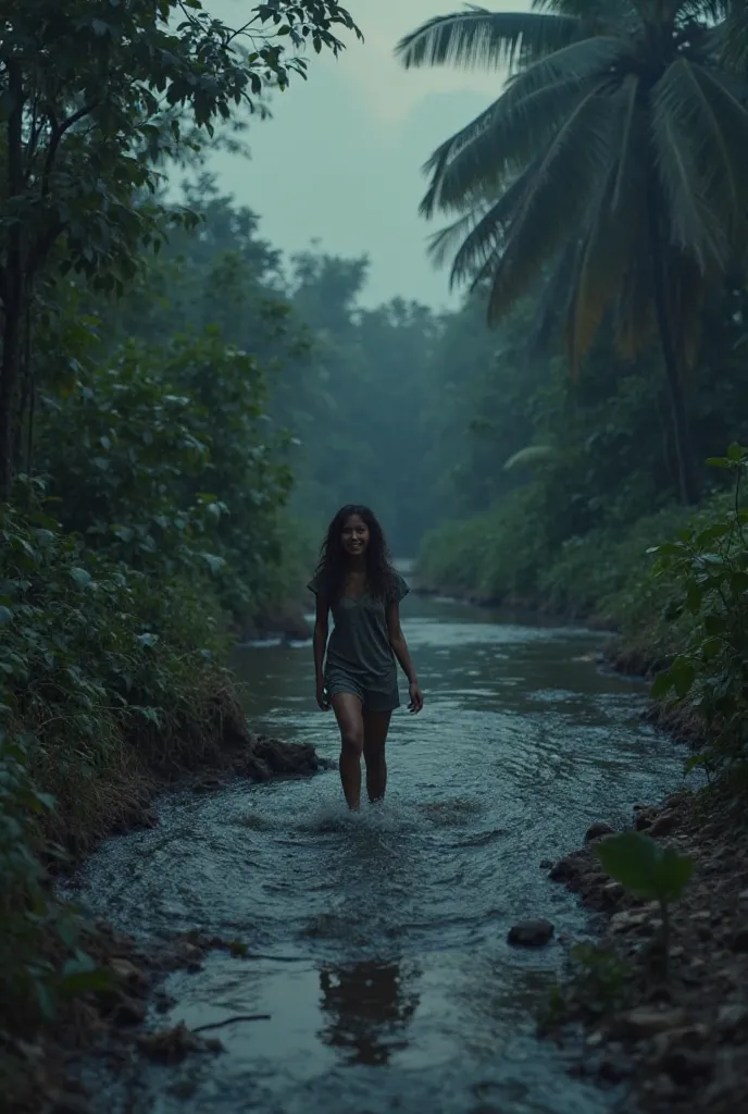 Finally, the girl reaches a flowing river, her face filled with relief and joy. A narrow dirt path leads away from the jungle, hinting at the nearby village. The early morning sky starts to lighten, signaling the end of her night-long struggle."