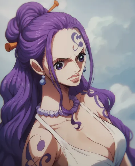 A character from the anime one piece. A woman, purple long hair, elegant, traditional face tattoos, best quality 