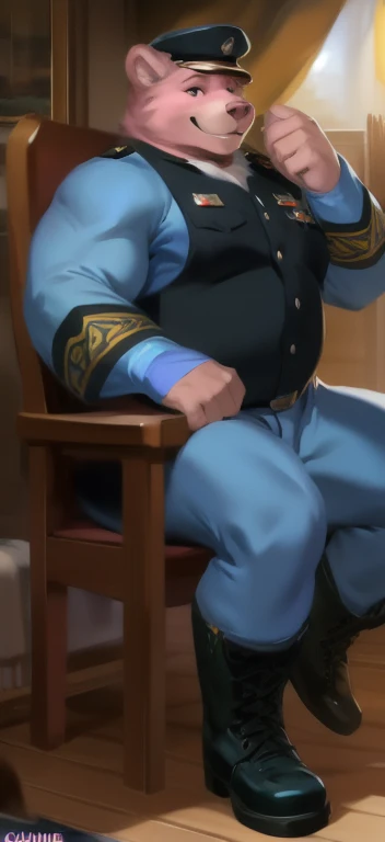  alone, male Tall​, huge body​,riding a chair  ,Den,pink bear,black green Army uniform ,  Wearing Boots , Overweight ,  muscle,  Smiling Blue Warmer Soldiers   , by chunie 