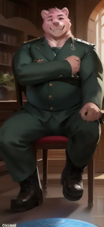  alone, male Tall​, huge body​,riding a chair  ,Den,pink bear,black green Army uniform ,  Wearing Boots , Overweight ,  muscle,  Smiling Blue Warmer Soldiers   , by chunie 