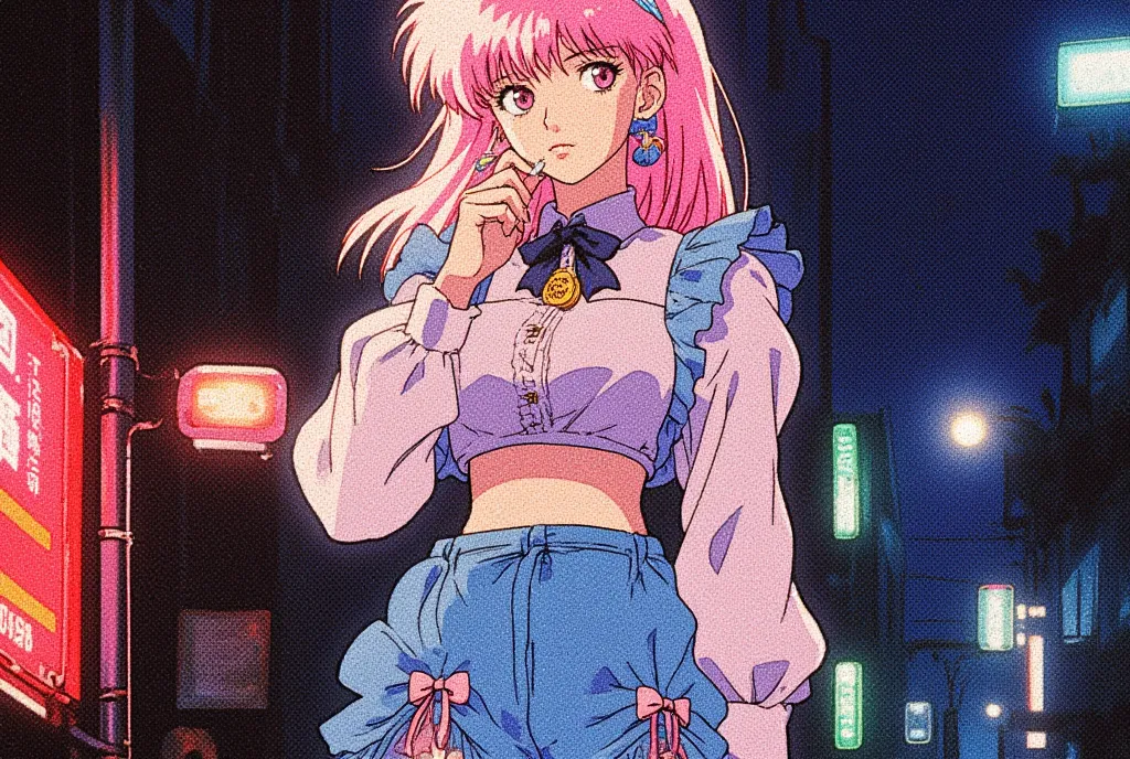 Create 90s retro anime-style image, Mid-shot of 1girl with a grunge vibe, pink long straight hair with a mini choppy fringe, she has pale skin, pink almost piercing gorgeous eyes, light pink flushed cheeks, soft pink lips, she is wearing a baby blue maid h...