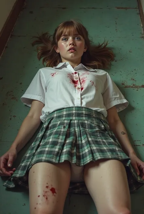 Generate HD image photograph of an 18 year old girl,  brown hair with bangs , Russian, dead (bleeding gunshot wounds to the chest), A player, lying on the floor of a classroom, mouth wide open, las open legs,  with open eyes , bizcos, school uniform,  whit...