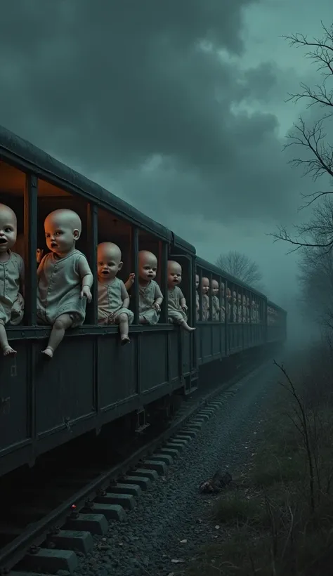 Imagine A Scary Train on the track full of scary baby sitting in the train , portrait size image, highly detailed 4k Quality Masterpiece Image 