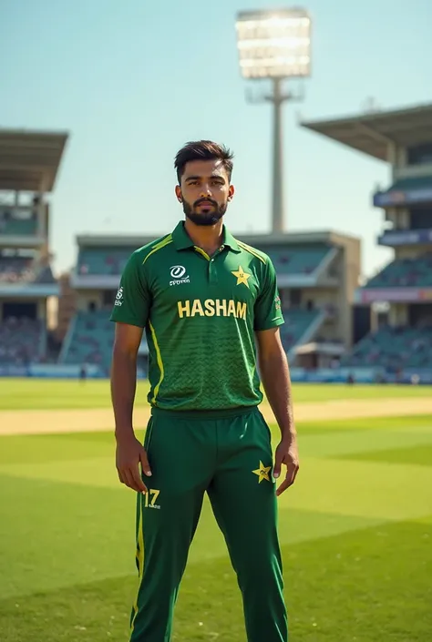 I want a photo of him standing in a cricket ground wearing a Pakistani jersey and on the front side of his shirt his name and number should be written Hasham 17,