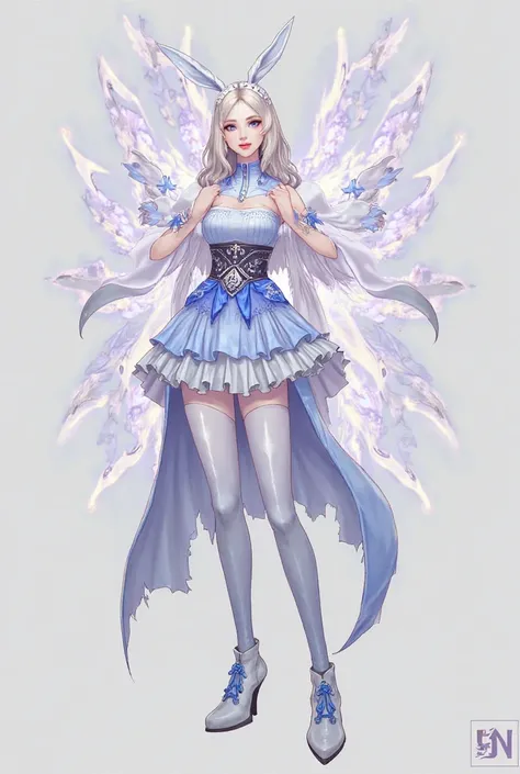 Create a detailed design drawing of a female nv costume

## **Character design:  Women's Honeymoon **
** Style :**  elegant ,  ghost , occult, combines modern and traditional.

### **1.  outfit **
- ** Modern dress :**  light blue ,  layered skirt ,  blue ...