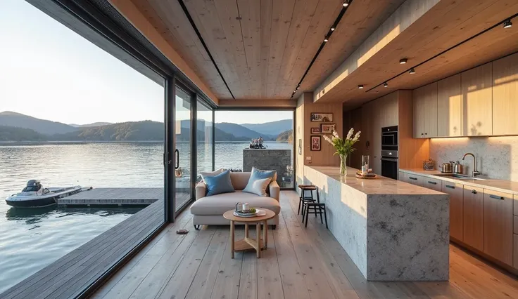 Professional High-Quality image shot with SONY ALPHA 7R V on 100mm, 16K. top photographer. full frame, highly detailed, sharp, ultrasharp image of a Floating Shipping Container Home – Unique Waterfront Design
Interior Design:
Living Room:
Open concept, fea...