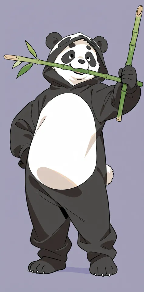 a man  in  panda  Doll costumes， show his face ,with a bamboo stick in his hand, a leap in his mouth ,the whole body, need no background,looks honest and honest on his face