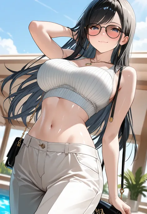 (best quality, masterpiece, ultra detailed, high resolution), Beautiful 8K CG artwork, Enriched photography, anatomically accurate body, depth of field,  1girl, elegant yet sexy girl, (long hair, black straight hair, swept bangs), 
round large breasts, bre...