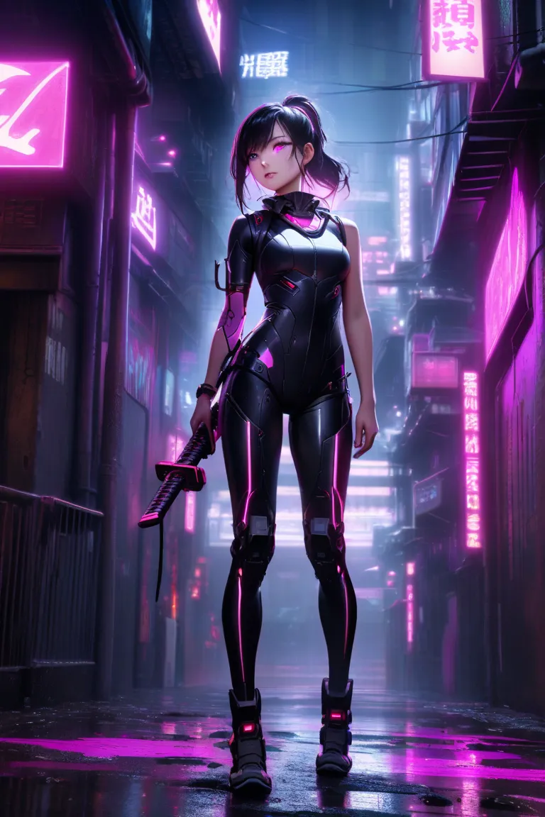 A female cyborg ninja standing in a futuristic Tokyo alleyway. A Japanese woman in her late 20s, wearing a sleek black ninja outfit with neon pink glowing lines. Her left arm is a mechanized prosthetic with blinking blue LEDs and a concealed katana. Her lo...