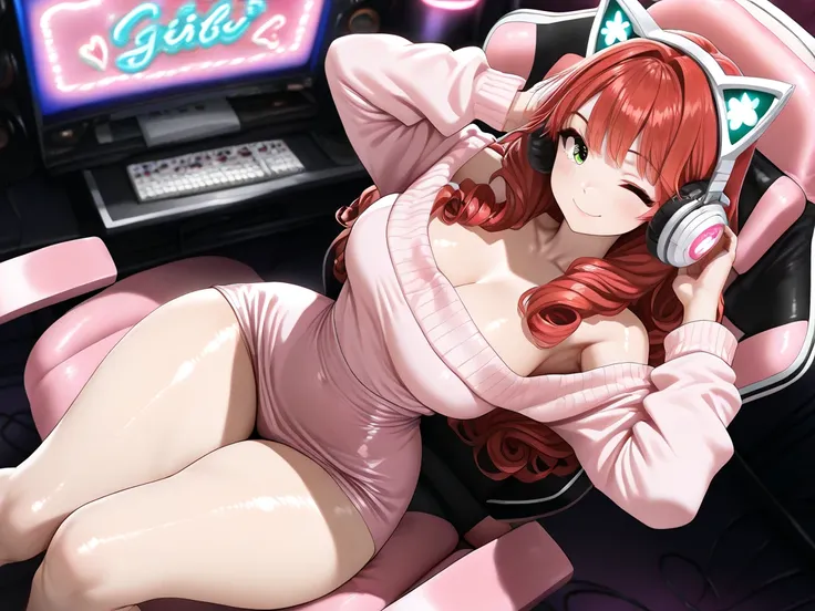 Put on headphones、girl with a microphone, sit at a professional va setup,, Red long curly hair that covers one eye, long hair, sexy, gaming setup, Green eyes, large breasts, ((looking at viewer)), shiny skin, ((cute college egirl)), (small waist), ((wide h...