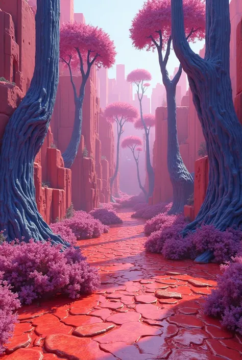 Make me an image where the red ground appears, also based on cubes, violet trees with blue trunks and some violet shrubs