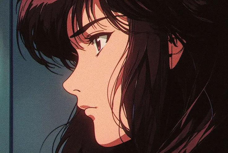 Create 90s retro anime-style image, close up of 1 girls face from the right side profile of her face. she has long black hair, dark expressionless eyes, blank look on her face