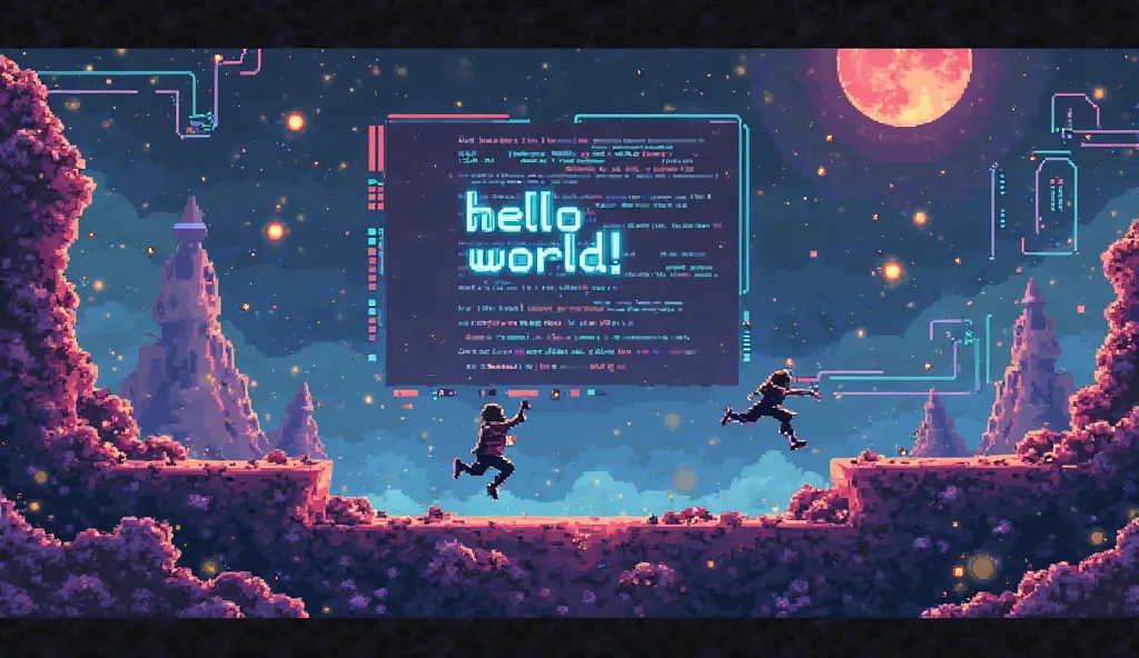 2D platforming game map. should have a box with the text "Hello world!". pixel art. has a man jumping. has a command prompt with java code. in the future 