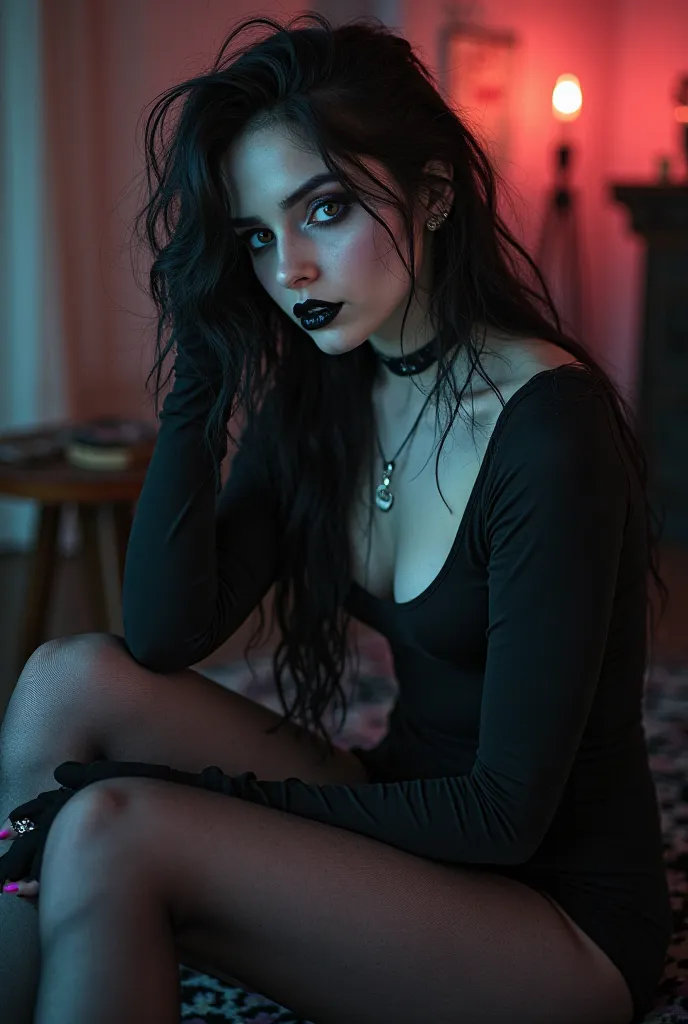 "A beautiful emo girl with pale skin and dark, expressive eyes, wearing a tight black bodysuit and sheer black pantyhose. The focus is on her slender legs, highlighted by the delicate texture of the pantyhose. She has a melancholic yet alluring expression,...