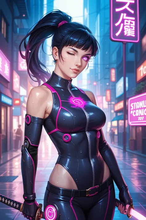 A female cyborg ninja standing in a futuristic Tokyo alleyway. A Japanese woman in her late 20s, wearing a sleek black ninja outfit with neon pink glowing lines. Her left arm is a mechanized prosthetic with blinking blue LEDs and a concealed katana. Her lo...