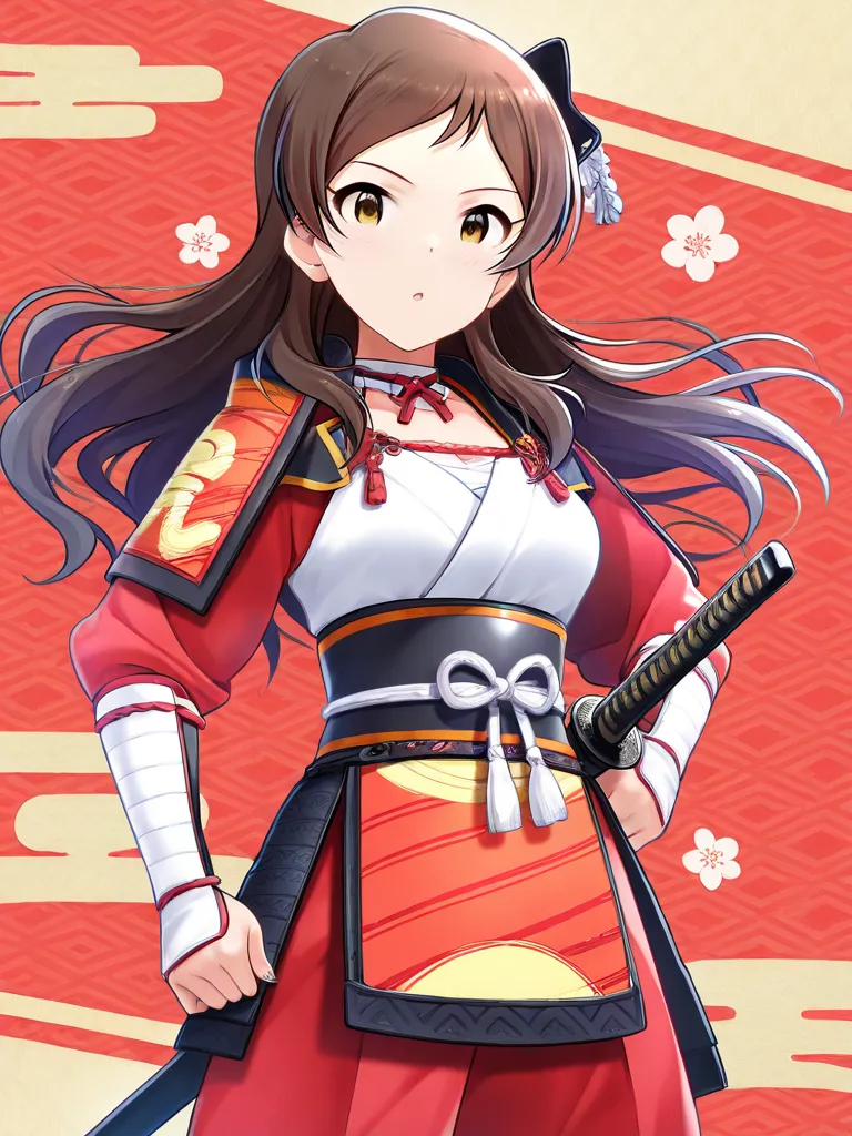 1girl, solo, 
shiho kitazawa (idolmaster), shiho kitazawa (millionlive),
kitazawa shiho,
(((samurai costume:1.2, japanese sword))), 
(masterpiece, Highest quality, Very detailed)), One girl,
cute, kawaii, high resolution, masterpiece,