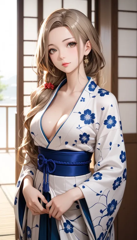 best quality, absurdres, わきDownを見せない, Down, no background, becomes transparent when you stare at it {x}, PE, front view, cowboy shot, perfect and beautiful face, Beautiful breasts,  Read more, slim, lightbrown long hair, parted bangs, Floral patterns Japan...