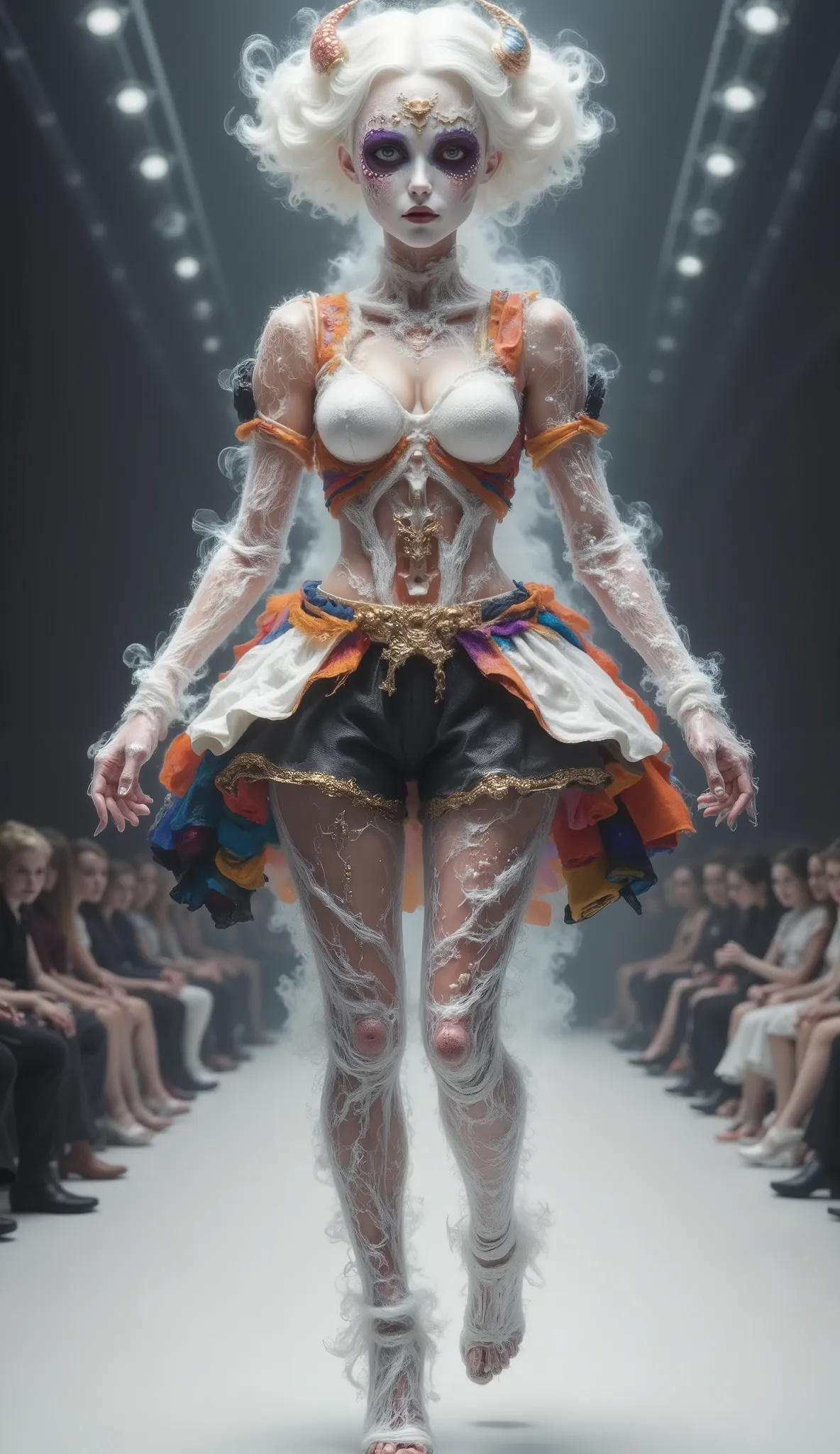 Live dancing mecha model having fun，full body，Vision，Angel Face， devil figure，dance dynamic，Live beating mecha skeleton dancing happily in a poss，Happy Dance，blue red fashion show，Catwalk，body spray art,Stunt,beautifully realistic high-definition digital p...