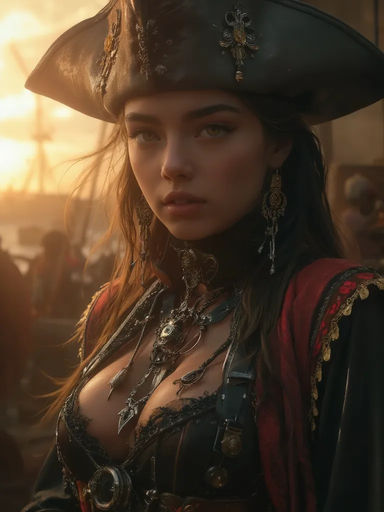 a beautiful pirate with very fair skin, extremely large breasts, a slender physique and a large buttocks, photorealistic portrait, highly detailed facial features, intense gaze, adventurous expression, dramatic pirate outfit, ornate accessories, detailed p...