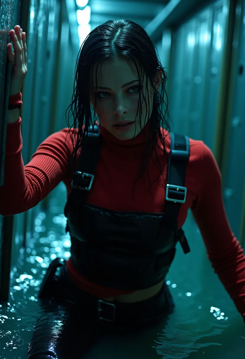 A close-up view of a drenched woman struggling in rising floodwater inside a dark, industrial-style room. Her black pants cling tightly to her legs, soaked and heavy, dragging her down with every movement. Her bold red, ribbed turtleneck sweater, once a st...