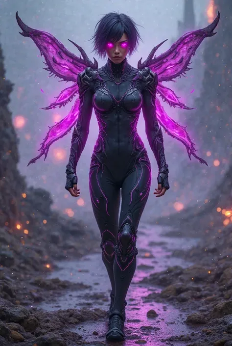 *"A hyper-realistic depiction of a fierce, battle-hardened female warrior with a sleek, futuristic exosuit. Her short, dark purple-tinted hair is slightly tousled, and her glowing violet eyes radiate determination. Her athletic, toned physique is accentuat...