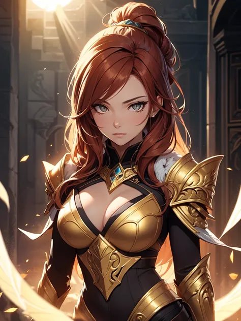 A highly detailed portrait of Leona from League of Legends, from the waist up. She has a strong, determined expression with piercing golden eyes that radiate confidence. Her long, flowing auburn hair cascades over her shoulders, illuminated by the warm glo...