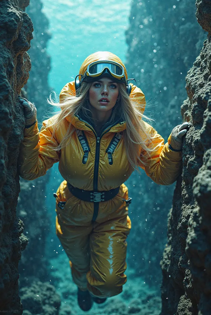 Beautiful blonde woman in heavy puffy padded shiny neon onepiece down suit with puffy hood and puffy padded mittens, ski goggles, gasping for air deep underseas, stuck between rocks