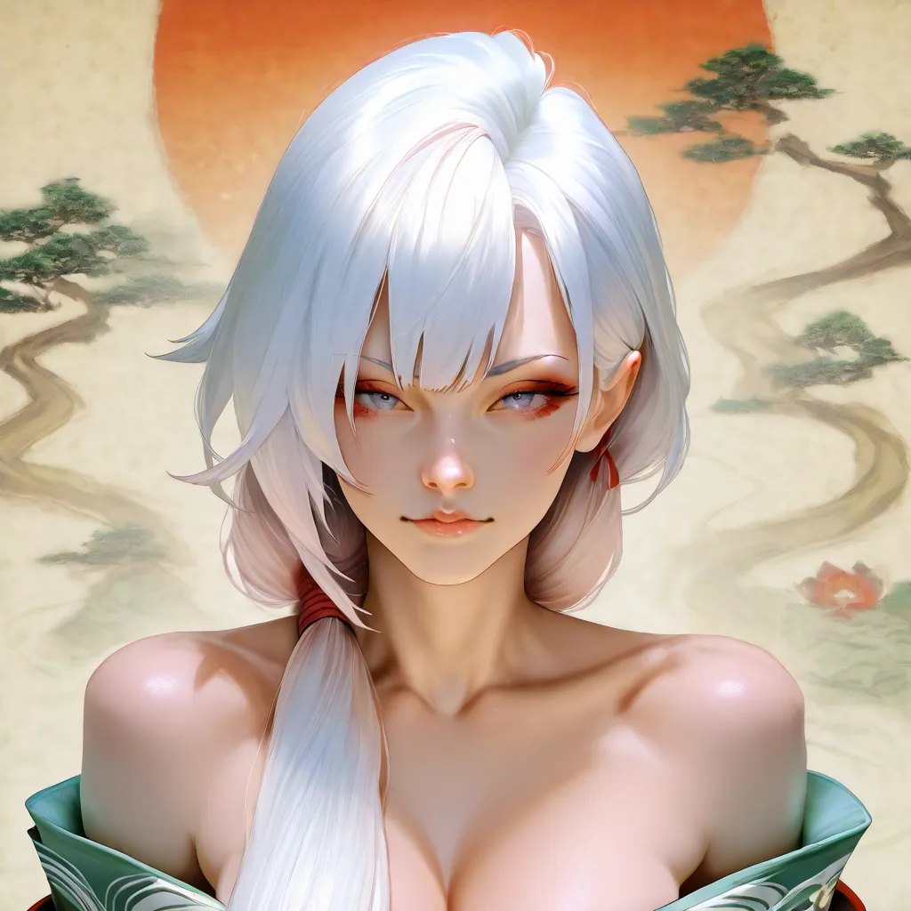 oni,off-shoulder kimono,white hair,bedhead