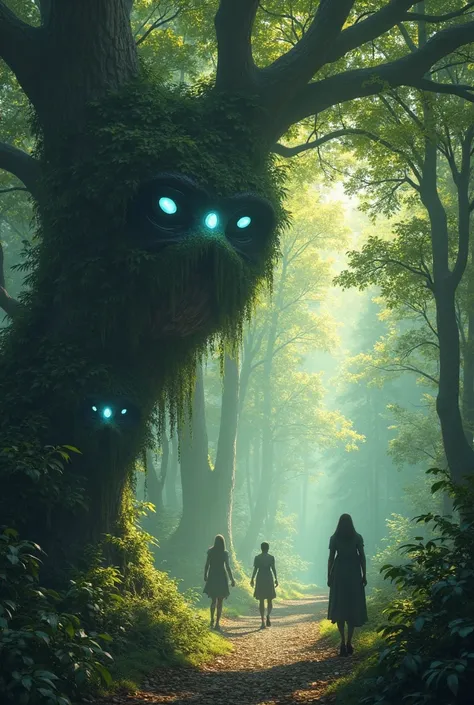 Magical forest people with white eyes hide among the tree crowns. They have magic. BRIGHT.  detailed. They watch ordinary people. dark forest. day. LIGHT.  side view