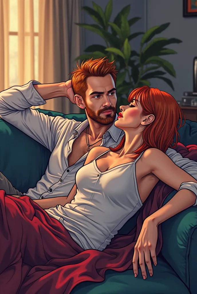 Hot handsome vampire with short ginger hair and beard relaxing on sofa with his girlfriend his hand behind his head colored line art clean 