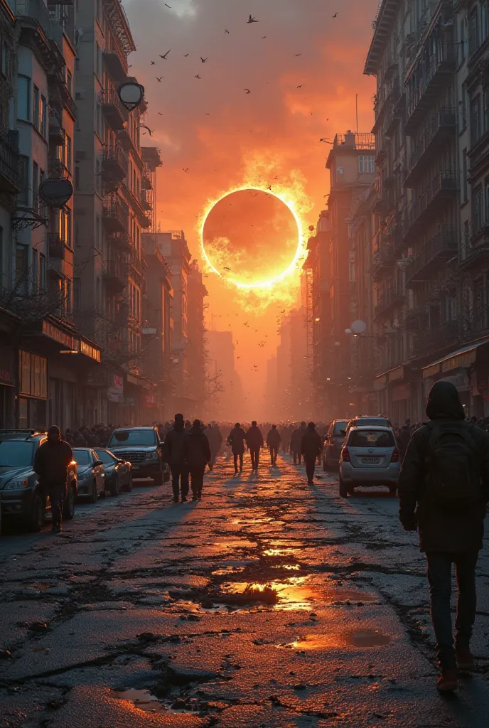 Create a picture of the city where the eclipse occurred
And then there was a massive earthquake.
High angle images
There are small cracks in the floor, completely filled.
The building collapses
A large crowd ran away from him on camera.
The building collap...