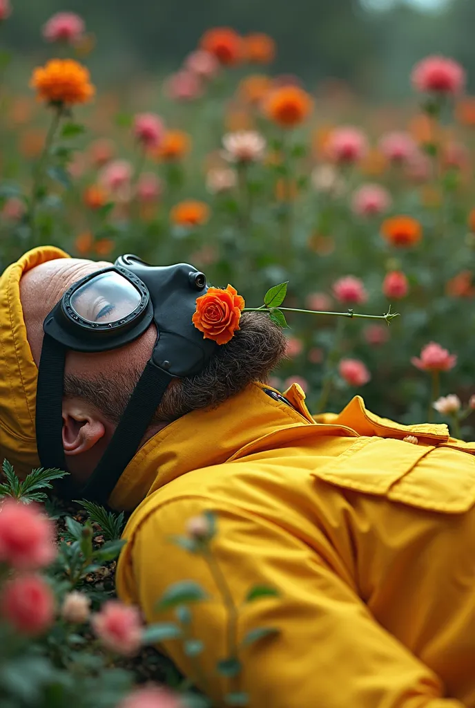 Create an image where Walter White is lying in flowers with a rose in his mouth smiling in a yellow suit and in his gas mask