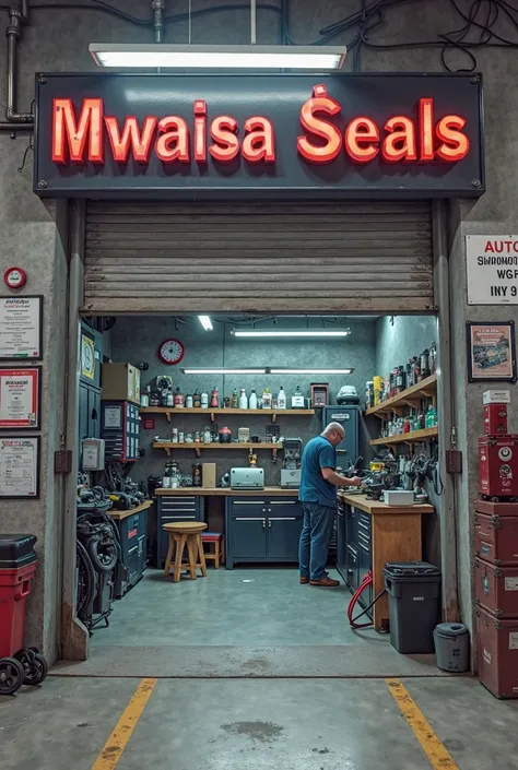 auto seal shop with a name Mwaisa seals with a small red car outside