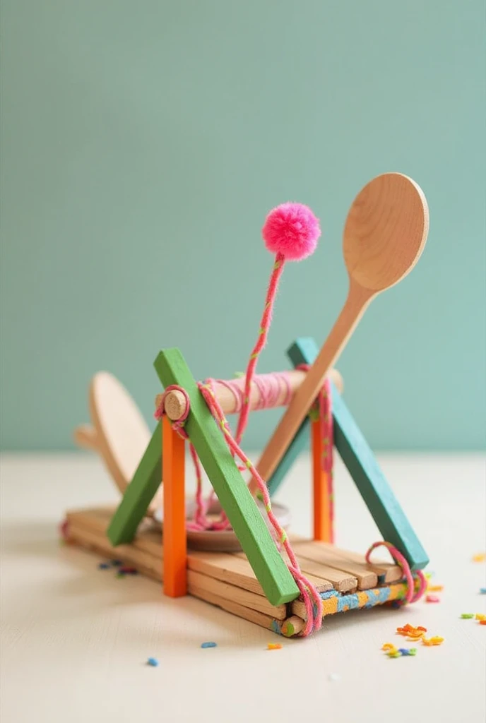  with the following materials , create a catapult: Plastic or wooden spoons
Ice cream or wooden sticks
Elastic band
A small object such as a pompom or a ball (To launch)
adhesive tape
