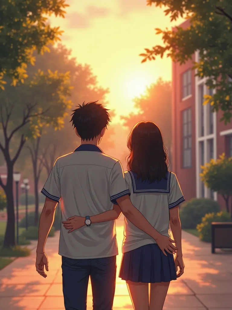  high school male and female couple 、２Walking away from school as a person、Put your hands around your hips、evening