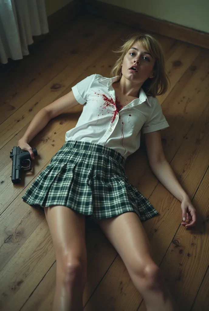 Generate HD image photograph of an 18 year old girl,  short blonde hair, Russian, dead (bleeding gunshot wounds to the chest), A player, lying on the floor of a classroom, mouth wide open, las open legs,  with open eyes , bizcos, school uniform,  white shi...