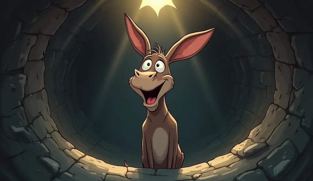 Inside the dark, narrow well, the donkey stands helpless, looking up with big teary eyes. His ears are drooping, and his mouth is open, letting out loud cries for help. Sunlight barely reaches the bottom, creating a dramatic contrast between light and shad...