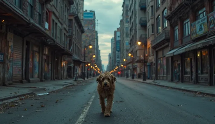 A wide city street at dusk with an abandoned, scruffy stray dog walking along the sidewalk. The dog, with brown fur, is part of a larger scene that includes empty alleyways, dim streetlights, and scattered trash. The urban environment feels lonely and deso...