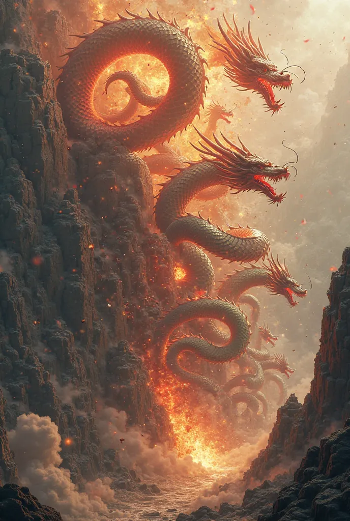 Create the image of many Chinese dragons that destroy the wall so much from below 