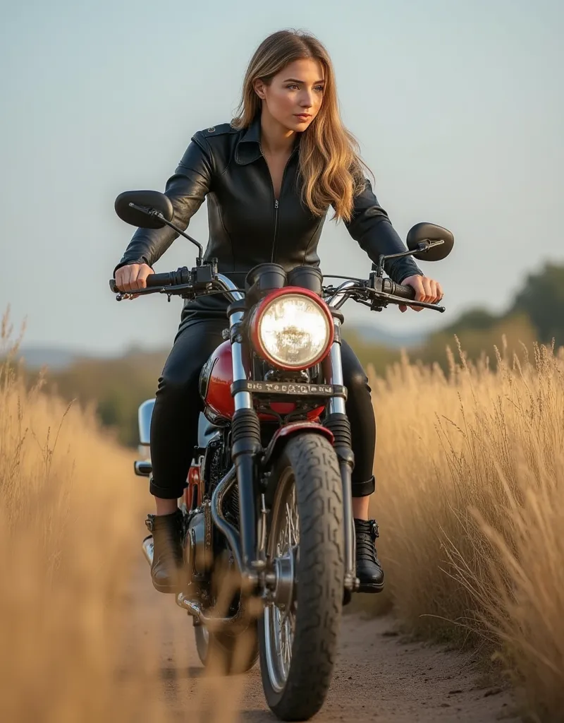 Create beautiful hyperrealistic woman riding a motorcycle in the field